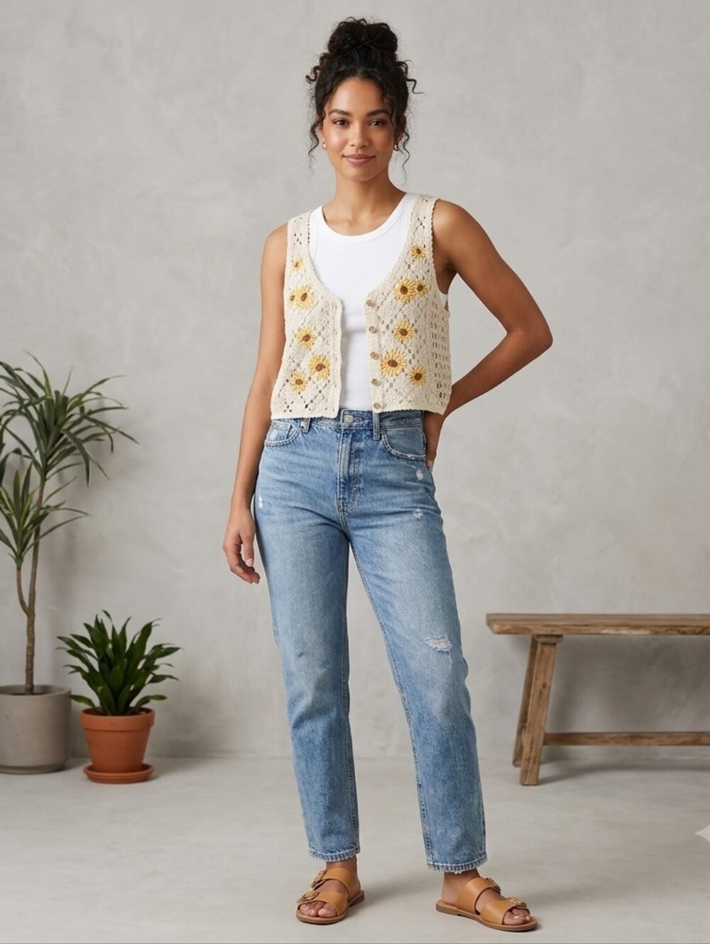 Rebellion Crochet Vest Sunflower Crop Top Boho Hippie Size XS